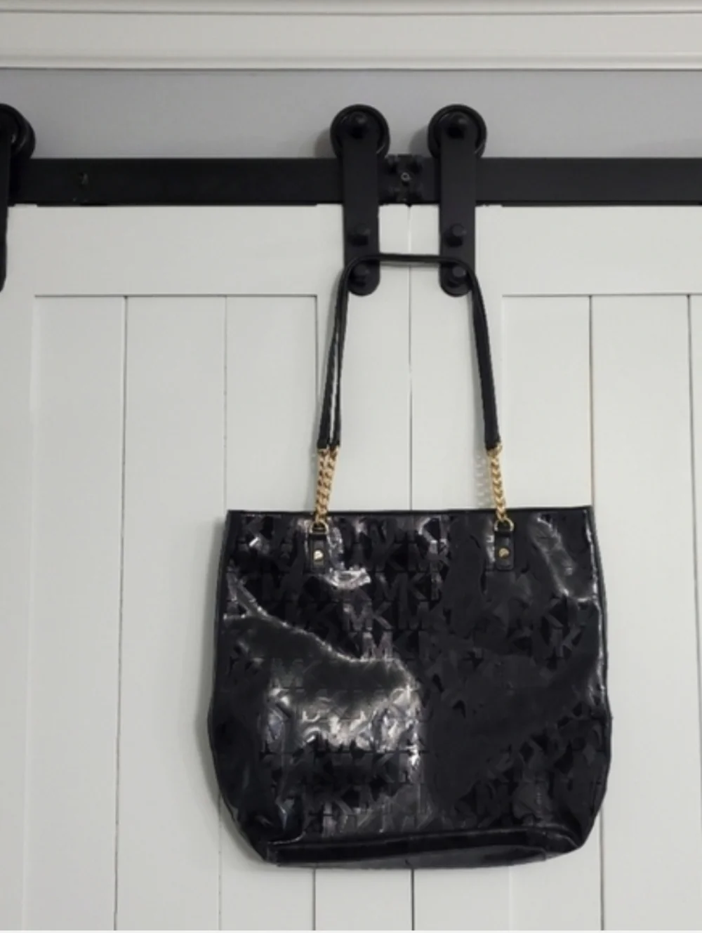 Michael Kors Black Signature Patent Leather Chain Tote. PRELOVED!